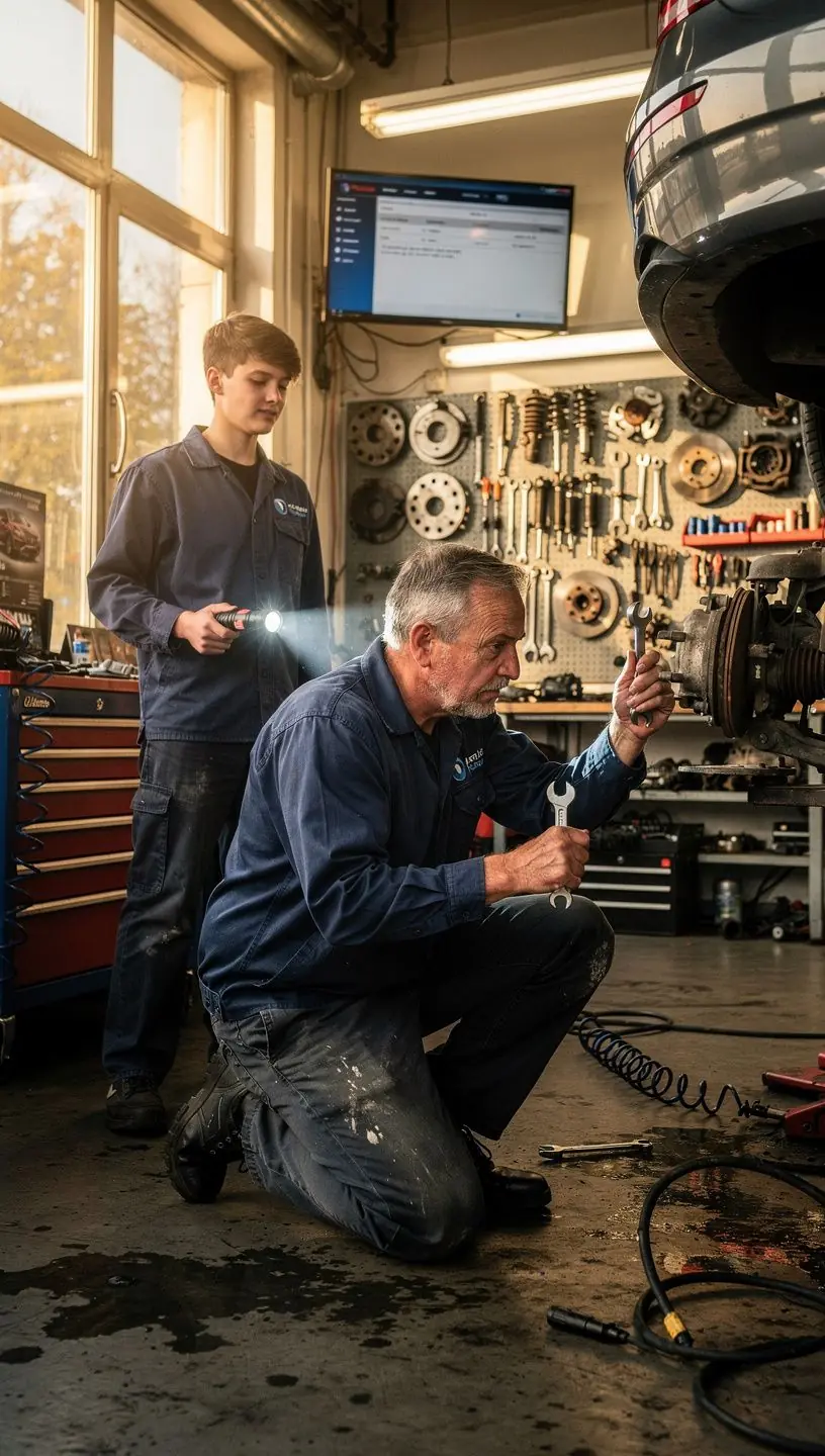 Mechaniker überprüft sorgfältig die Bremsanlage eines Fahrzeugs in einer spezialisierten Werkstatt für sicherheitskritische Wartung und Reparatur in Deutschland